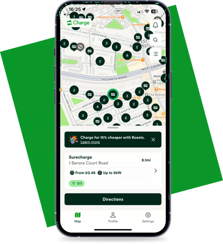 A smart phone displaying a map with locations of electric vehicle charging points