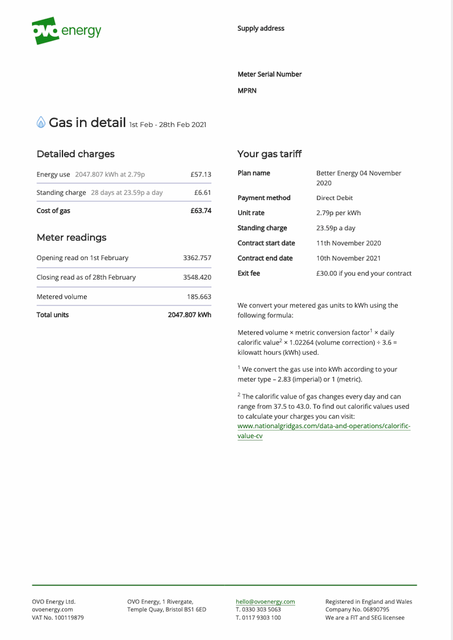 OVO Energy Bill example - gas in detail