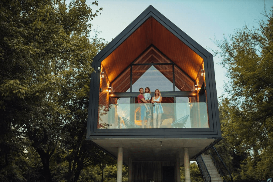 Family on holiday in a cabin