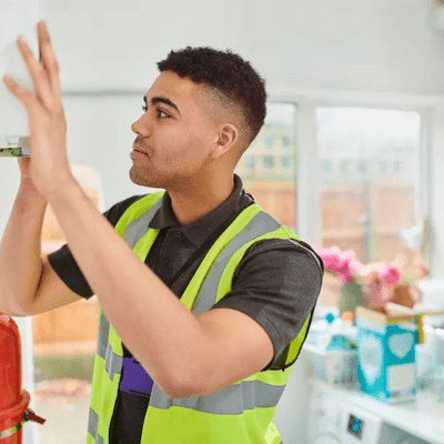 A boiler engineer in a hi-vis vest opening a cupboard