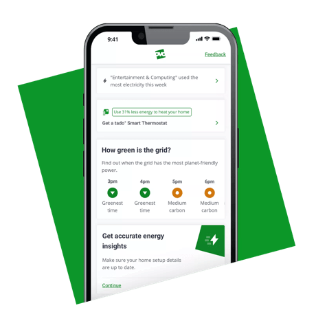 A mobile screen showing an app with a section titled, 'How green is the grid?'