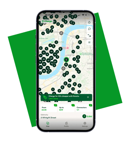 A smart phone displaying a map with locations of electric vehicle charging points