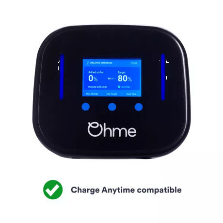 Photo of an Ohme home charger showing its interactive screen and charge anytime compatible text