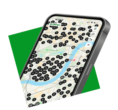 A smart phone displaying a map with locations of electric vehicle charging points