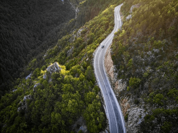 car driving on road through forest