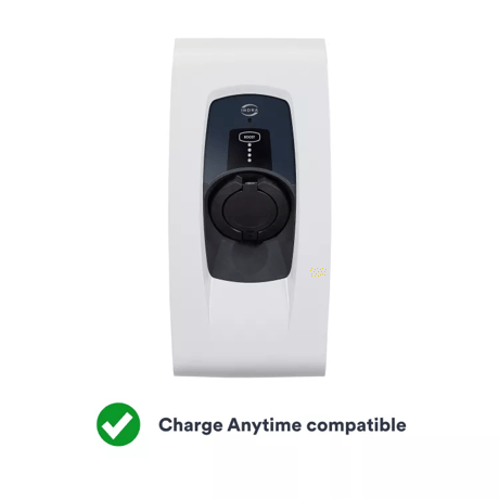 Photo of an untethered Indra smart pro EV charger and charge anytime compatible text