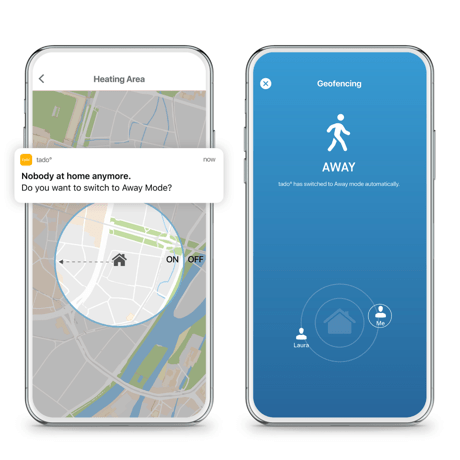 Screenshots of the tado° app showing an alert for when nobody's at home, and the screen for the away mode