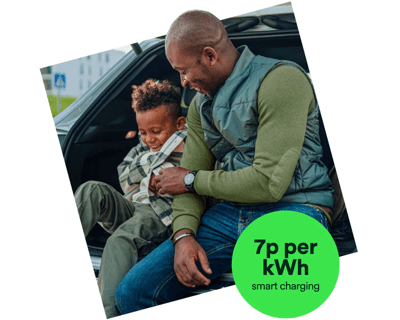 A father and son smile together while sitting near an electric car. Roundel with words 7p per kWh on the image.
