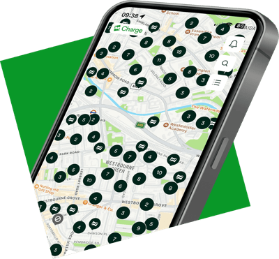 A smart phone displaying a map with locations of electric vehicle charging points