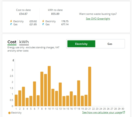 Graph showing daily cost of electricity in the OVO Energy App